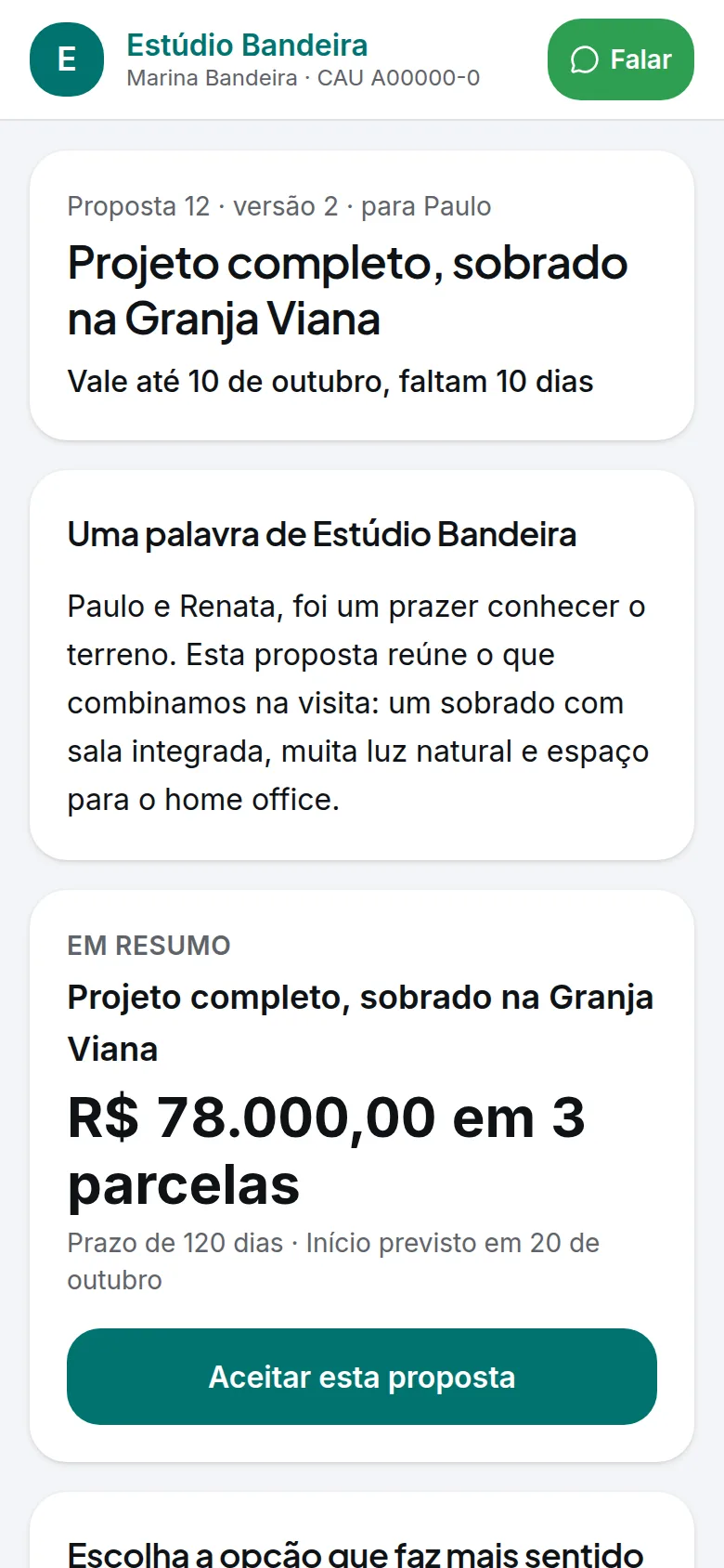 Proposta pública aberta no celular, com opções, total e botão de aceitar.